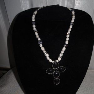 White Black Beaded Stone~Plastic Cross Necklace